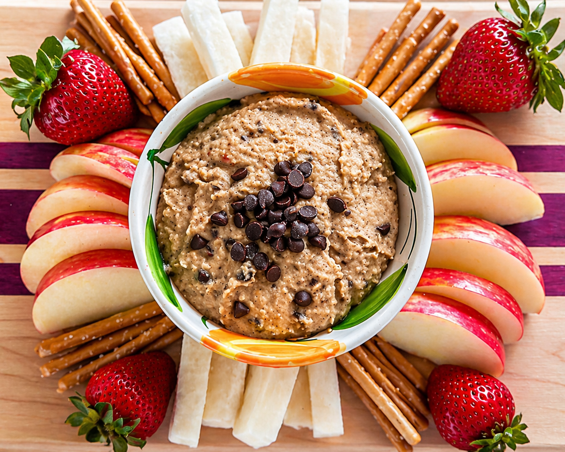 Dip platter with cookie dough dip, apples, strawberries, and pretzels on a wooden board.